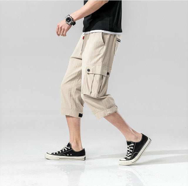 Summer Mens Camo Cargo Pants Cotton Military Mens Summer Casual Pocket Solid Drawstring Calf-Length Pants Trousers