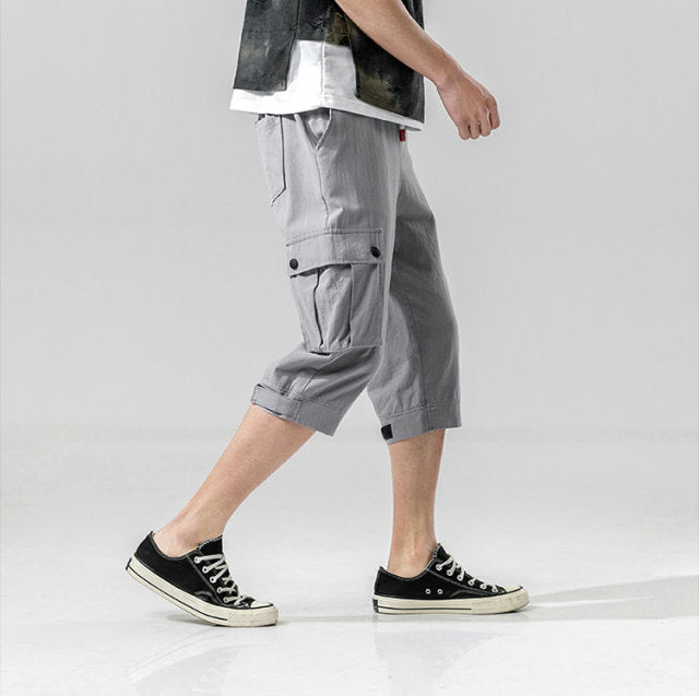 Summer Mens Camo Cargo Pants Cotton Military Mens Summer Casual Pocket Solid Drawstring Calf-Length Pants Trousers