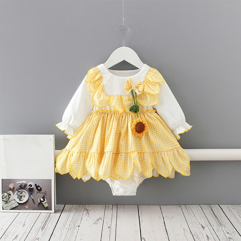Baby Autumn Clothing Newborn Baby Girls Clothes Plaid Bodysuit Playsuit Jumpsuit Outfits Sunsuit with Sunflowers 0-2Y