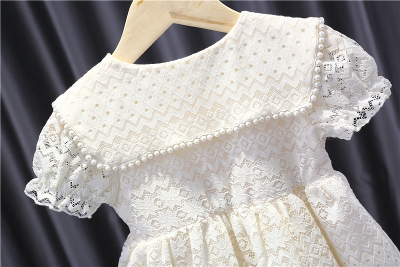 Girls Dress Summer Peter Pan Collar Children Lace Dress Kids Princess Clothes Embroidery Outfits with Pearls 2-6Y