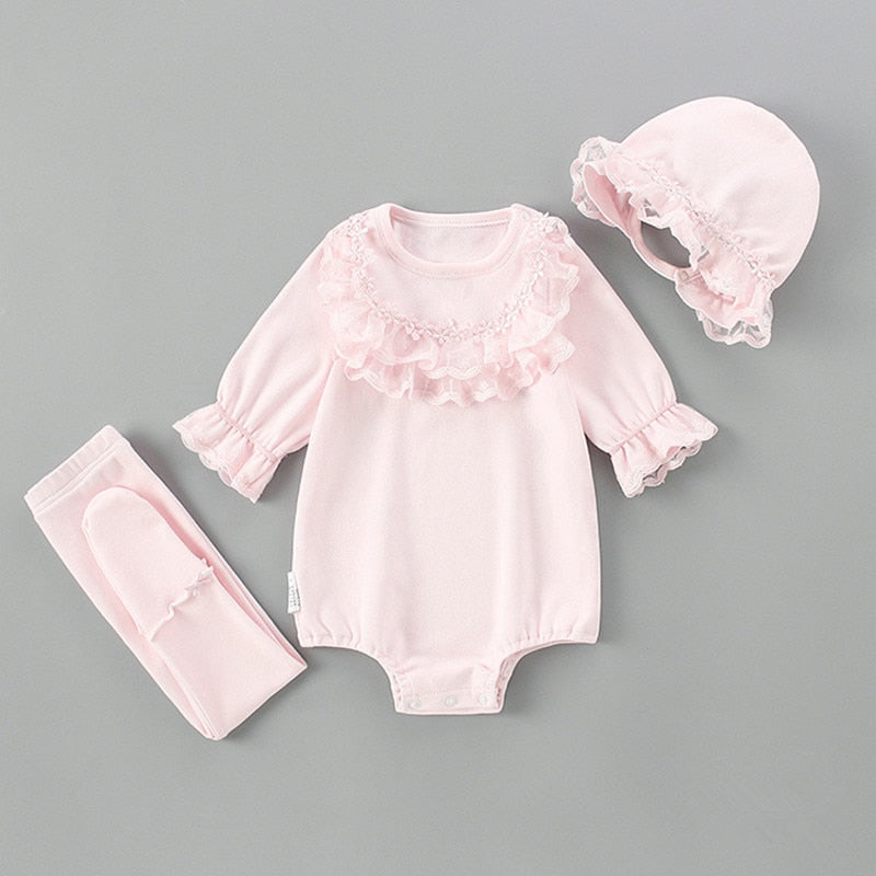 Children Autumn Clothing Newborn Lace Baby Girls Clothes Infant Bodysuit+Hat+tight 3Pcs/set Jumpsuit Playsuit Outfit 0-2Y