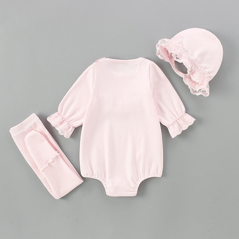 Children Autumn Clothing Newborn Lace Baby Girls Clothes Infant Bodysuit+Hat+tight 3Pcs/set Jumpsuit Playsuit Outfit 0-2Y