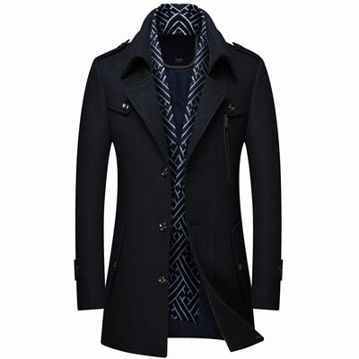 Winter Autumn Men's Wool Blends Coats Casual Thick Windproof Scarf Cotton Wool Long Jacket male Warm Business Jackets