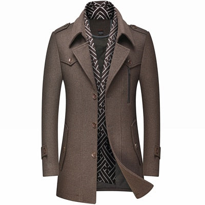 Winter Autumn Men's Wool Blends Coats Casual Thick Windproof Scarf Cotton Wool Long Jacket male Warm Business Jackets