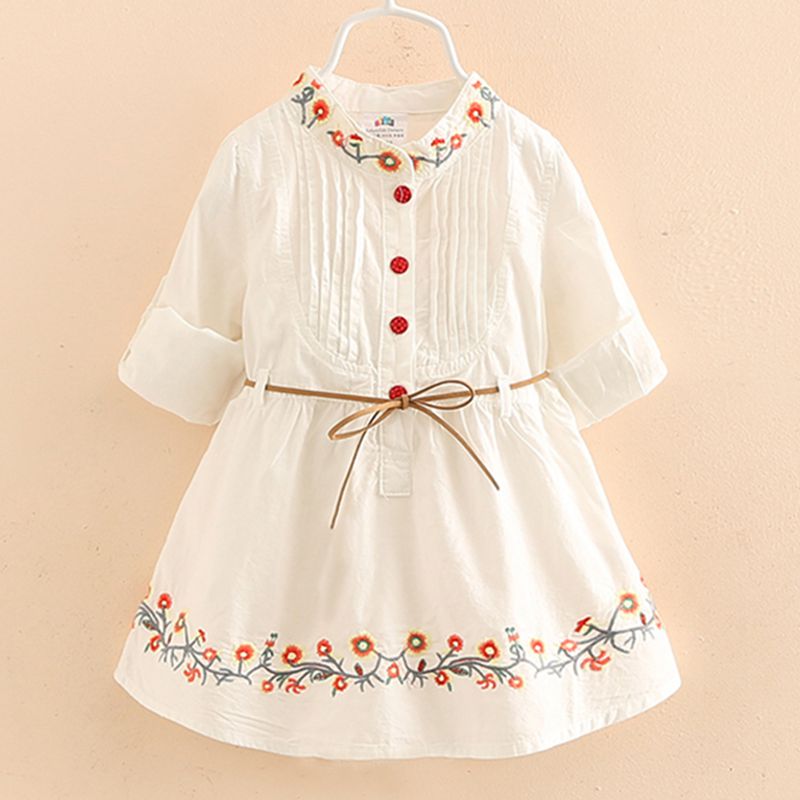 Robe de princesse blanche élégante pour filles de 3 à 12 ans, broderie florale, manches longues et courtes, Double usage, avec ceinture, printemps-automne