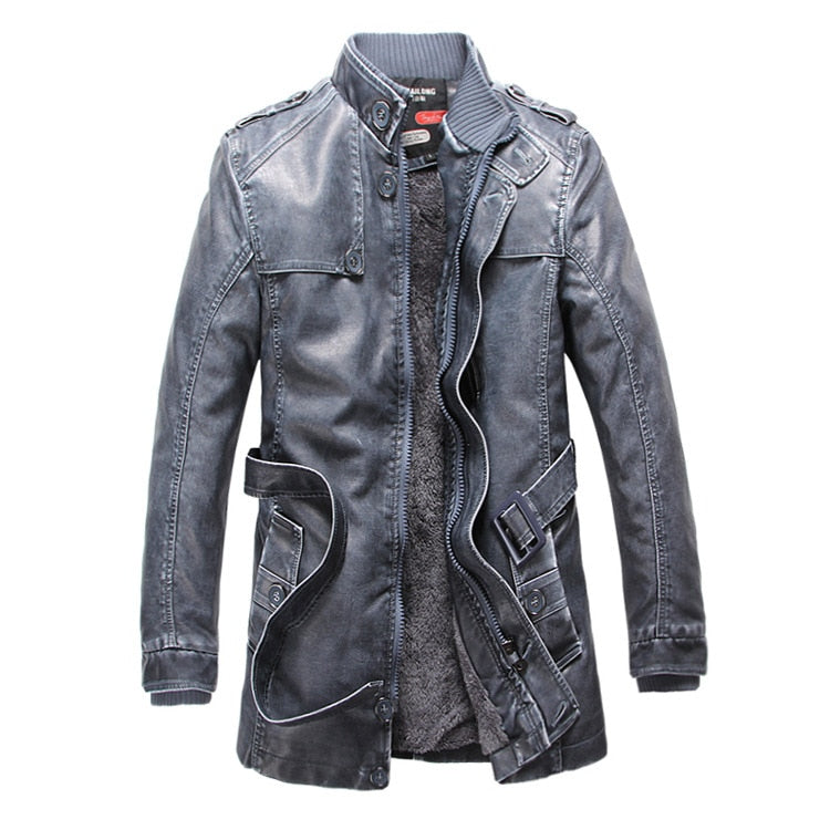 Mens Trench New Winter Jacket Men Leather motorcycle Thicken long trench coat Jackets Outerwear Male Warm Overcoat