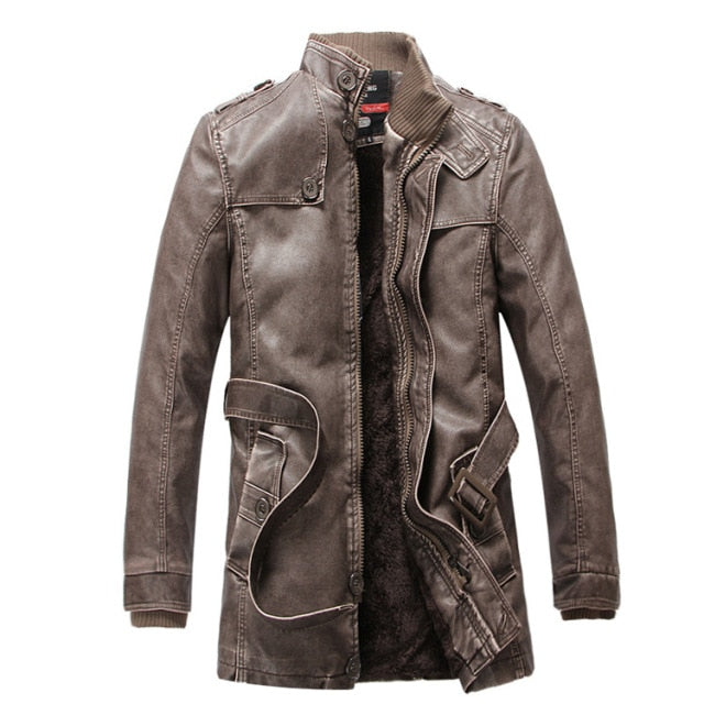 Mens Trench New Winter Jacket Men Leather motorcycle Thicken long trench coat Jackets Outerwear Male Warm Overcoat