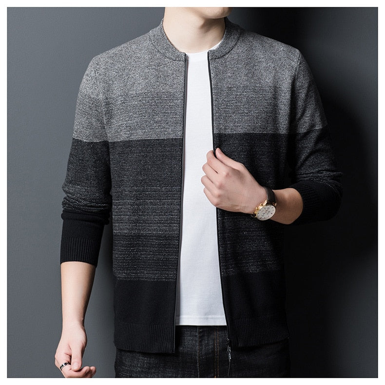 Autumn Winter Brand Knit Cardigan Zipper Oneck Striped Knit Sweater Mens Casual Coats Jacket Men Clothing