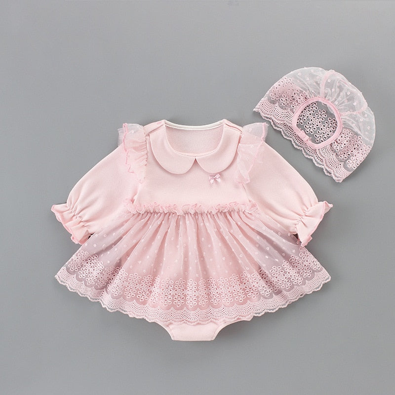 baby girls clothes baby autumn bodysuits infant baby girls christening baptism party princess dress+lace hat 2pcs/set pink 0-2Y