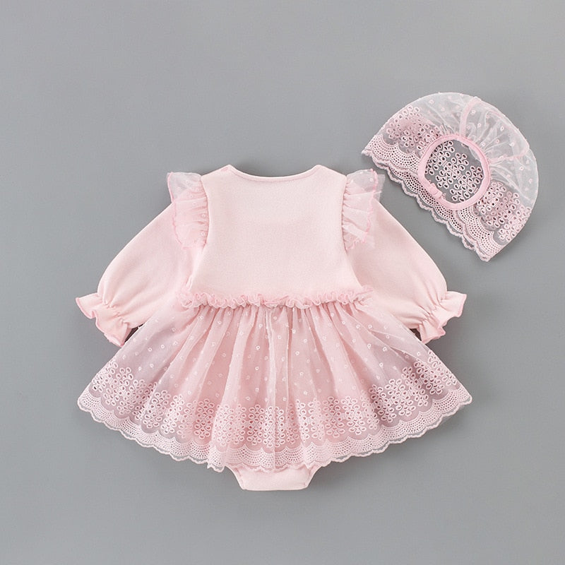 baby girls clothes baby autumn bodysuits infant baby girls christening baptism party princess dress+lace hat 2pcs/set pink 0-2Y