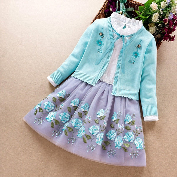 Kids Girls Clothing Set autumn winter spring Baby Girl Long Sleeve Cotton Sweater Coat+Dress 2Pcs Suits Children Clothes 3-9Year