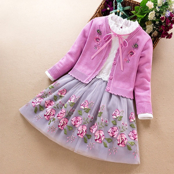 Kids Girls Clothing Set autumn winter spring Baby Girl Long Sleeve Cotton Sweater Coat+Dress 2Pcs Suits Children Clothes 3-9Year