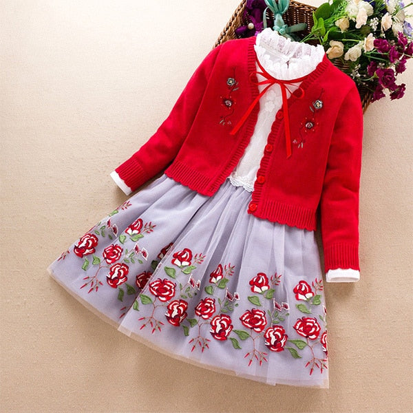 Kids Girls Clothing Set autumn winter spring Baby Girl Long Sleeve Cotton Sweater Coat+Dress 2Pcs Suits Children Clothes 3-9Year