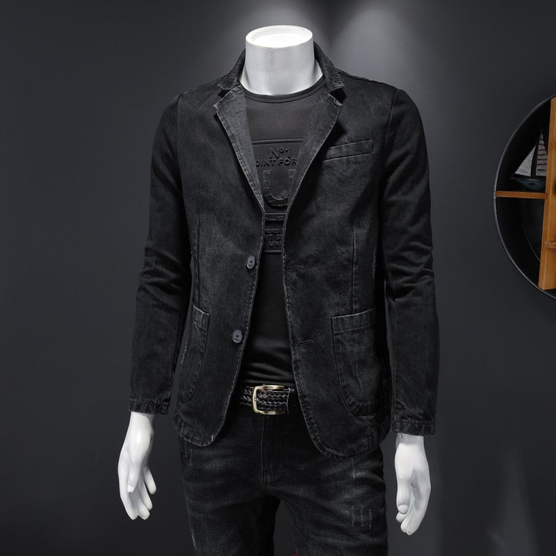 Denim Blazer hommes Blazer Jean coupe ajustée Cowboy manteaux loisirs hommes costume Jean veste hommes décontracté manteau simple bouton nouveau