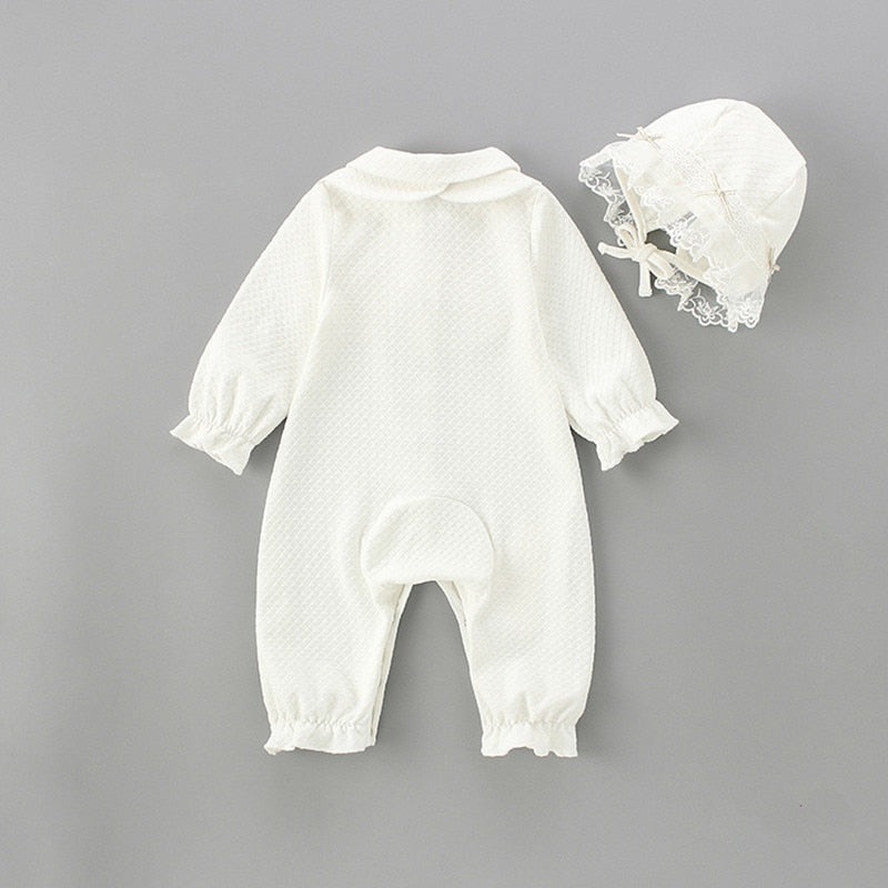 Newborn Baby Girls Rompers Jumpsuit England Style Peter Pan Collar Lace Cute Baby Clothes Outfit 0-24M