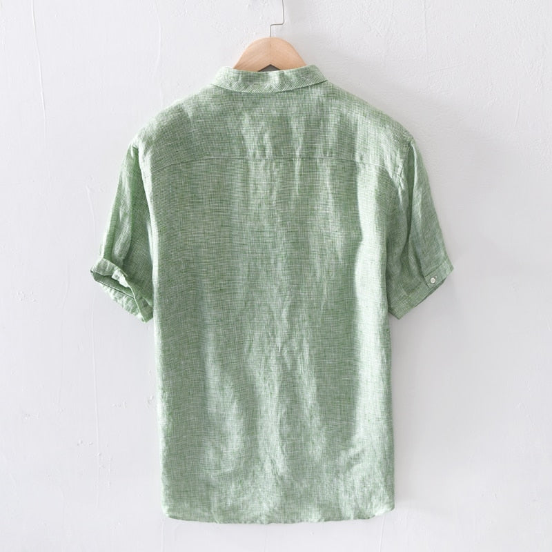 Linen Men Short Sleeve Shirts Casual Green Pink Plaid Shirt Turn-down Collar Man Summer