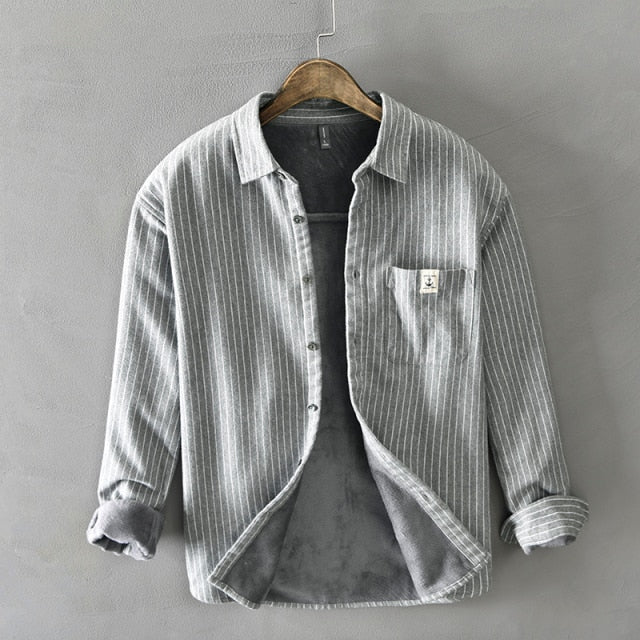 Men Winter Fleece Lined Warm Thick Classical Striped Shirts Male Long Sleeve Lapel Brushed Casual Retro Tops Clothing