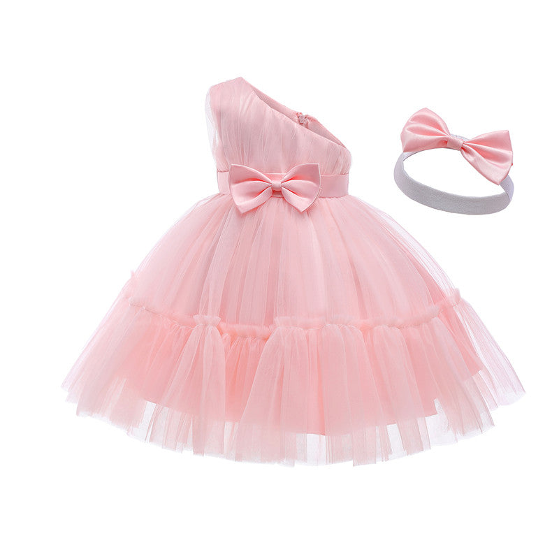 Baby Girls Birthday Dress For Newborn Baptism Pink Clothes Toddler Kid One Shoulder Elegant