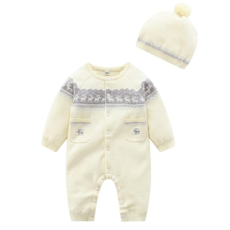 Baby Clothes Newborn Beige Knitted Elk Overalls Knitting Hat For Kids Baby Toddler Outfit Boys Girls Romper