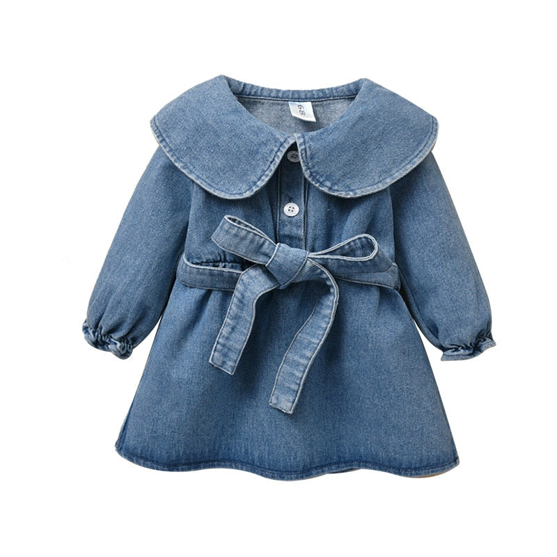 Toddler Girl Clothing Spring Denim Dresses Big Turn-down collar sashes Girl Dress Kids Clothes For Girls 6M-24M