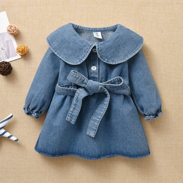 Toddler Girl Clothing Spring Denim Dresses Big Turn-down collar sashes Girl Dress Kids Clothes For Girls 6M-24M