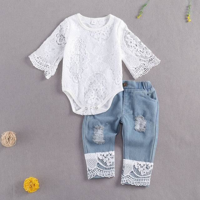 Ensemble de vêtements pour bébés filles, body en gaze à manches longues en dentelle + jean pour bébés filles, tenues pour nouveau-nés