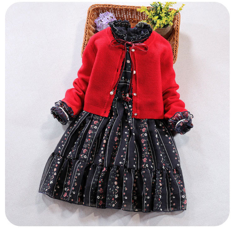 Ensemble de vêtements pour filles, pull à manches longues, manteau en coton + robe, costume cardigan deux pièces, nouvelle collection automne hiver pour enfants