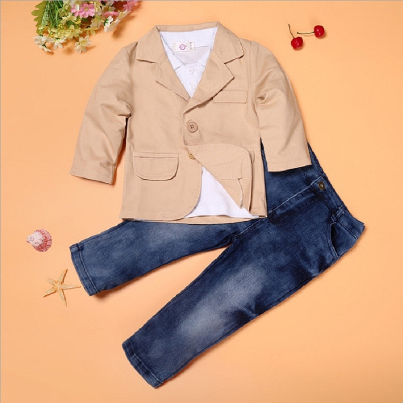 Boys Clothes 3PCS Suits Children 3-Pieces Clothing Set Kids Coat + Shirt + Jean Baby Outfit Jacket Pant