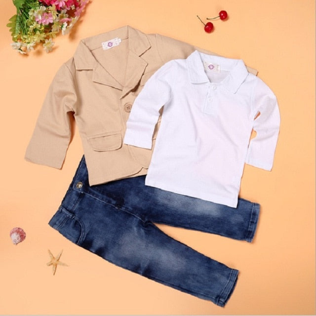 Boys Clothes 3PCS Suits Children 3-Pieces Clothing Set Kids Coat + Shirt + Jean Baby Outfit Jacket Pant