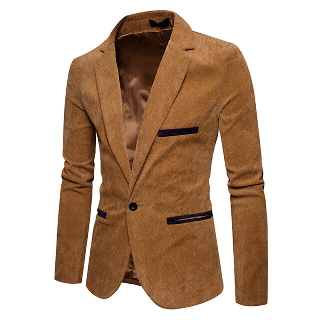 New Casual Men Blazer Corduroy Patchwork Mens Business One Button Slim Fit Male Suits Jacket Blazers