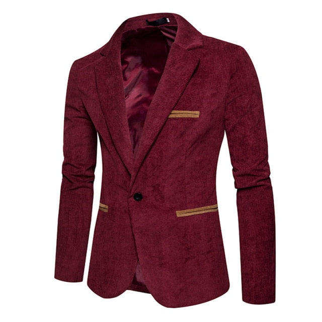 New Casual Men Blazer Corduroy Patchwork Mens Business One Button Slim Fit Male Suits Jacket Blazers