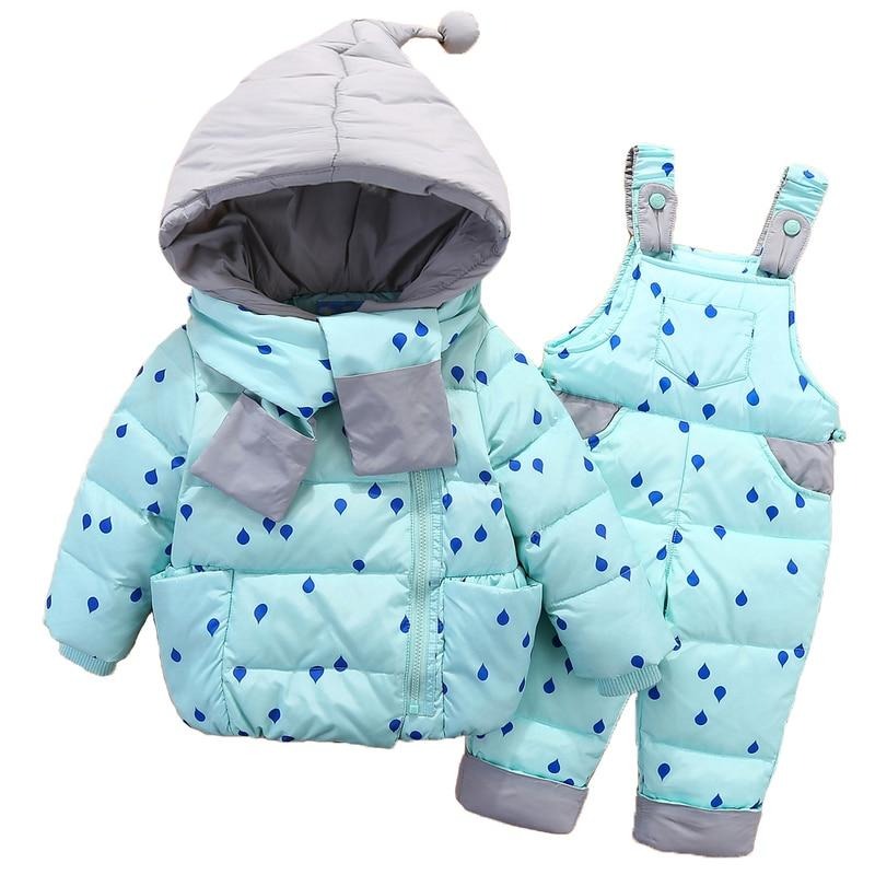 Winter Clothing Set For Boys Girls Dots Dark Down Coat +Overalls Suits Warm Windproof Snowsuit Toddler Children Suit